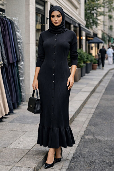 Uludağ Triko Merserize Kumaş Düşük Kol Uzun Tesettür Elbise – Çıtçıt Kapamalı...
