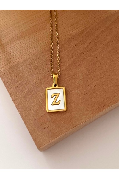 FIERA JEWELRY Z Harfi Sedefli Kare Gold Altın Kaplama Çelik Kadın Kolye(Zinci...