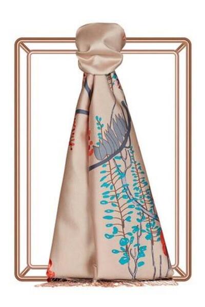 ipekevi 8003 Krem Akasya Desenli İpek Şal