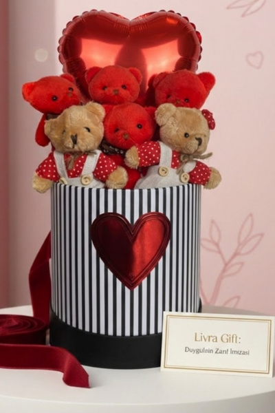 Livra Gift Kalp Balonlu Puantiyeli ve Kırmızı Peluş Ayıcık Buketi & Özel Seri...