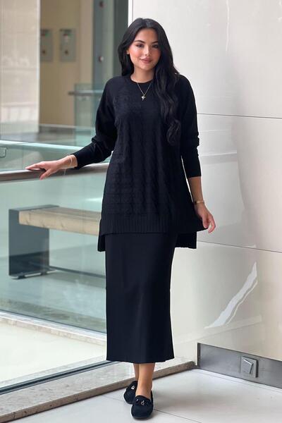 Nuss 1350 Kazayağı Desenli Tunik Kalem Etekli Merserize Takım