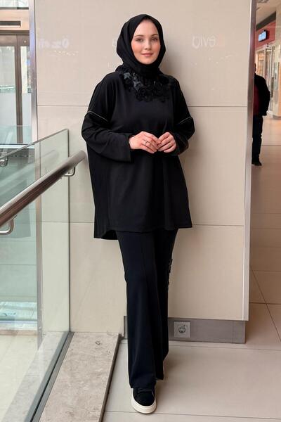 Ghisa Kabartma Çiçek Desenli Büzgü Yaka Tunik Pantolon Takım