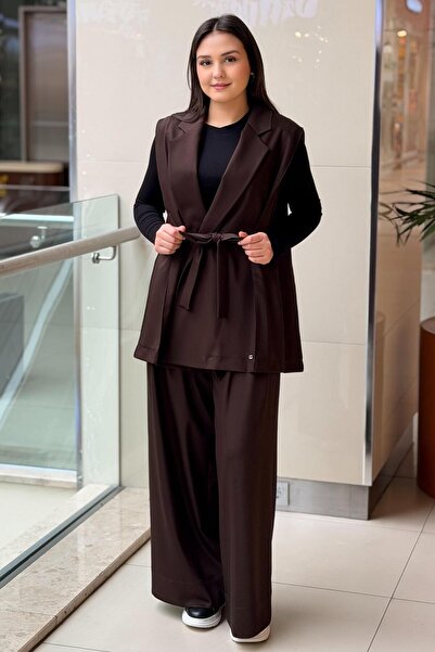 Ghisa Önü Açık Kuşaklı Yelek Ceket Pantolon Takım