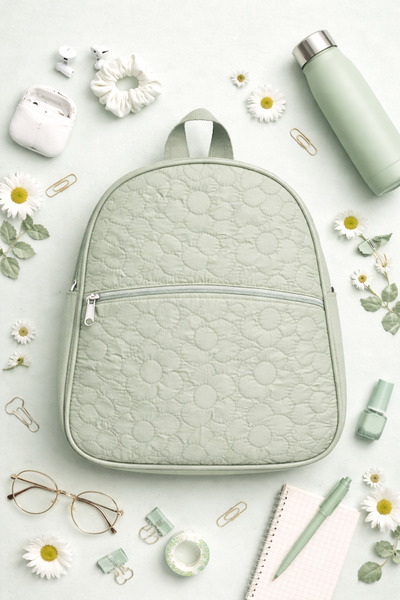 ICONE BAG Parachute Fabric Floral Quilted Backpack with Faux Detailing, Mint ...
