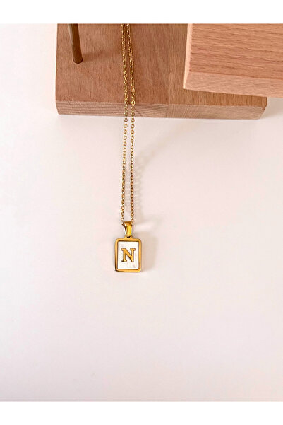 FIERA JEWELRY N Harfi Kare Sedefli Gold Altın Kaplama Kadın Çelik Kolye