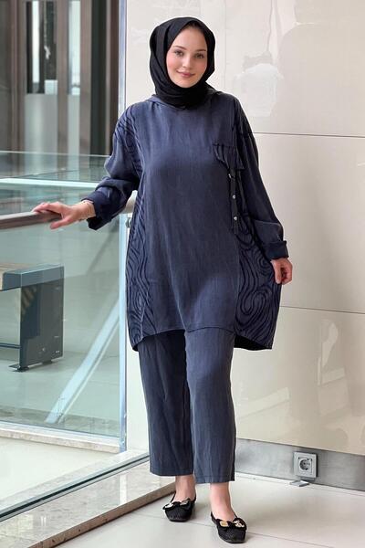 Mahal Tığ Triko Cep Kapağı Detaylı Kapşonlu Tunik Pantolon Takım