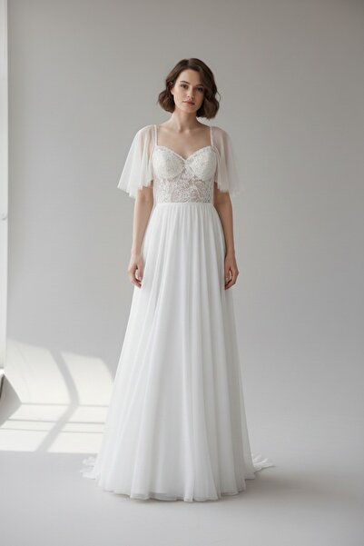 bride in love KLOŞ KESİM KOLLU,LİKRA TÜL,TRANSPARAN BEDEN GELİNLİK,NİKAH ELBİ...