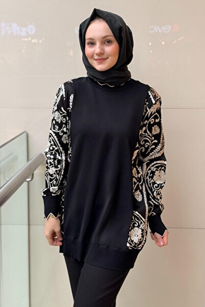 Ghisa Kolları Floş Desenli Triko Kombinli Tunik