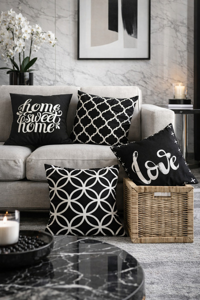 SasoHome Siyah Zemin Üzerine Love - Home Sweet Home Desenli 4lü Dijital Baskı...