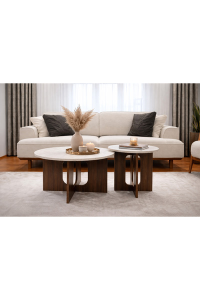 Mimore 2’li Modern Orta Sehpa Seti – Traverten Desenli & Ceviz Görünümlü Oval...