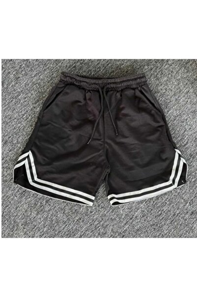 dwnwear Siyah Şeritli Yazlık Pamuklu Yan Cepli Beli Lastikli Şort