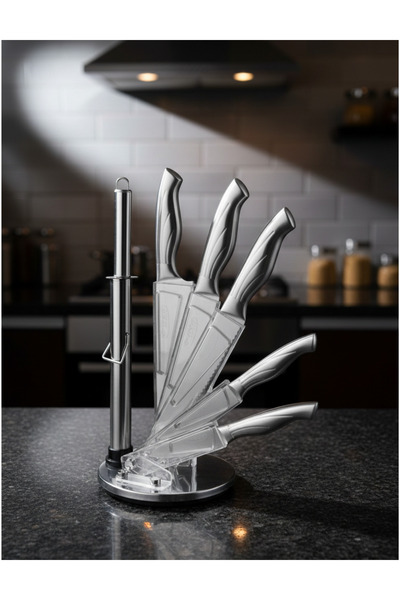 Evren 7 Parça Premium Paslanmaz Çelik Şef Bıçağı Seti Standlı (Şef,Et,Ekmek, ...