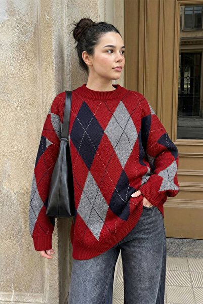 InStyle Πουλόβερ με μοτίβο μπακλαβά με μισό ζιβάγκο κόκκινο πλεκτό πουλόβερ