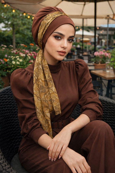 Aişe tesettür Șapcă cu model batik maro caramel cu eșarfă