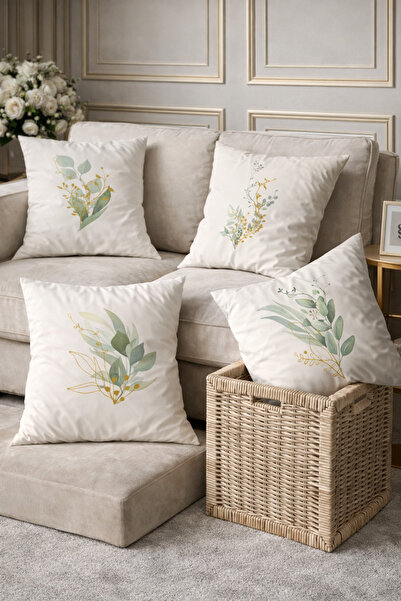 SasoHome تصميم بسيط وحديث بأوراق خضراء منقوشة مكونة من 4 قطع غطاء وسادة مطبوع...