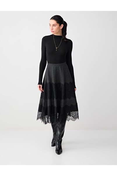 Jimmy Key Antrasit Melanj Dantel Detaylı Yüksek Bel Yumuşak Dokulu Midi Etek