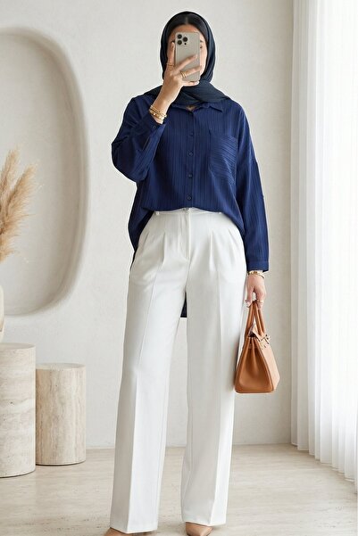 Modamorfo Single Pocket Striped Pattern Crinkle Shirt - Navy