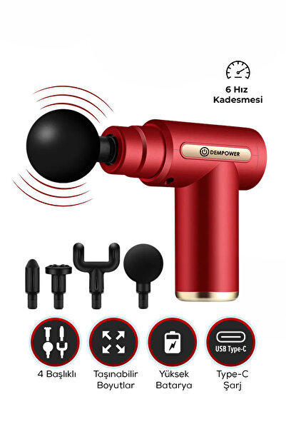 DEMPOWER Titreşimli Masaj Tabancası 4 Başlıklı Kırmızı 19x13cm