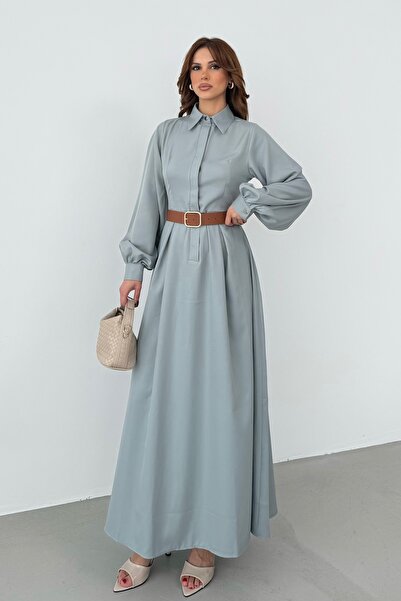 BEJNA Women's Belt Detailed Balloon Sleeve Silky Woven Dress