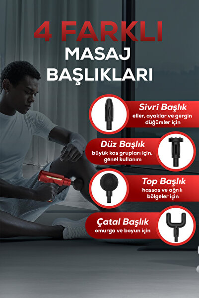 DEMPOWER Titreşimli Masaj Tabancası 4 Başlıklı Kırmızı 19x13cm