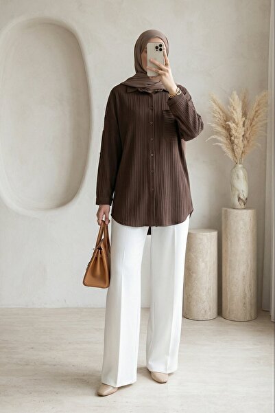 Modamorfo Single Pocket Striped Pattern Crinkle Shirt - Brown