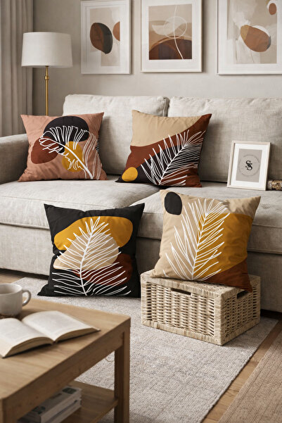 SasoHome Modern Pastel Zemin Üzerine Palmiye Yaprakları Desenli 4lü Dijital B...