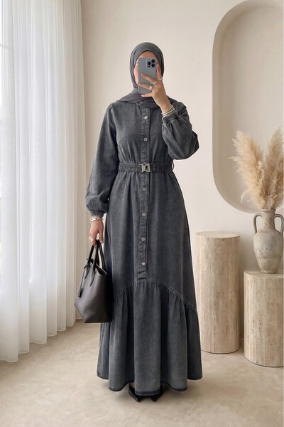 Modamorfo Buttoned Long Denim Dress with Elastic Belt - Smoked
