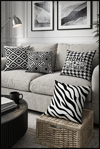 SasoHome Home Sweet Home Ve Zebra Desenli Siyah Çizgili 4lü Dijital Baskılı K...