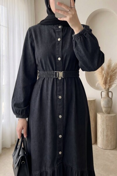Modamorfo Buttoned Long Denim Dress with Elastic Belt -Black