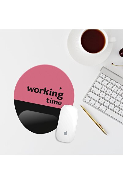 Özer Store Pembe Siyah Working Time Bilek Destekli Oval Mouse Altlığı