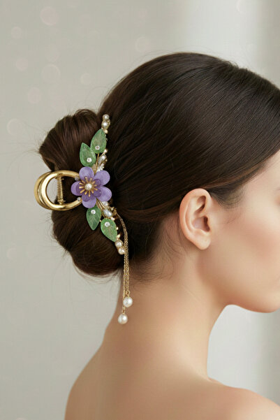 PETEK AKSESUAR TASARIM AKRİLİK ÇİÇEK İNCİ SALLANTILI METAL MANDAL TOKA