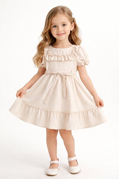 Cansın Mini Beige Ruffle Detailed Belted Girl's Short Sleeve Dress 22686