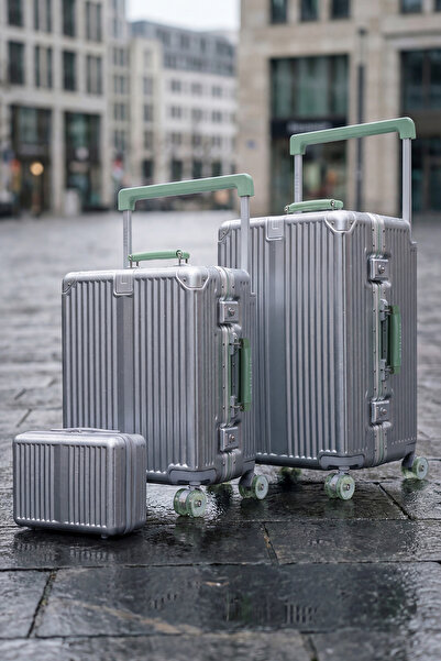 Zeplin Boxy PC Policarbon 3'lü Valiz Seti (Kabin Orta ve Makyaj) Silver-Yeşil