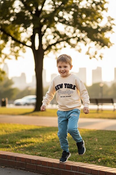Cansın Mini Blue New York Written Boys' Crew Neck Tracksuit Set 23394