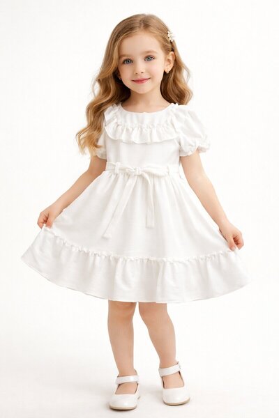 Cansın Mini Ekru Fırfır Detaylı Kuşaklı Kız Çocuk Kısa Kol Elbise 22664
