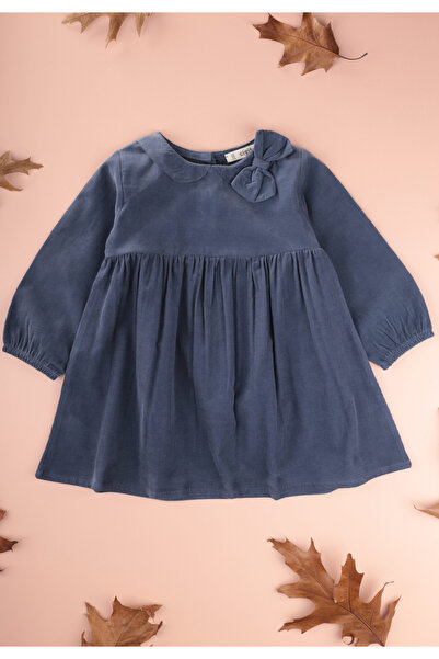 Cigit Velvet Dress 1-8 Years Old Navy Blue