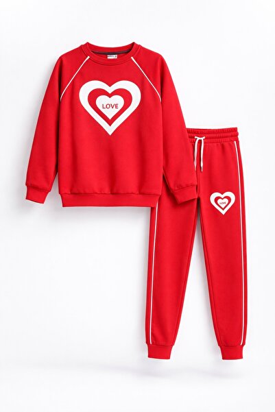 Cansın Mini Κόκκινο σετ φόρμας για κορίτσια με ρίγες με σχέδιο καρδιάς 23345