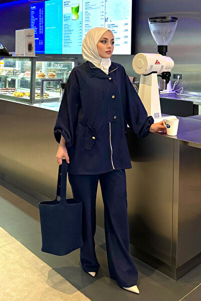 LOCCO Women's Gold Buttoned Double Pocket Zipper Suit Navy Blue