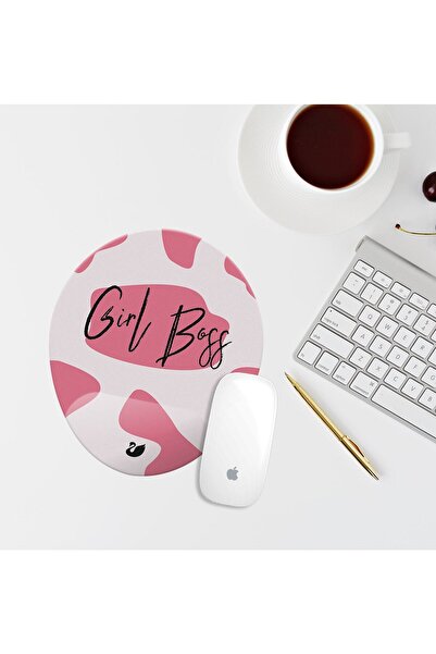 Özer Store Pembe Leopar Girl Boss Bilek Destekli Oval Mouse Pad Mouse Altlığı
