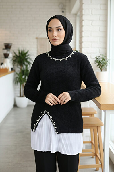 azragül giyim Pearl and Stone Embroidered Soft Hijab Knitwear Sweater