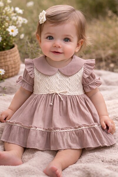 Cansın Mini Brown Ruffled Sleeves Lace Embroidered Baby Girl Dress 22656