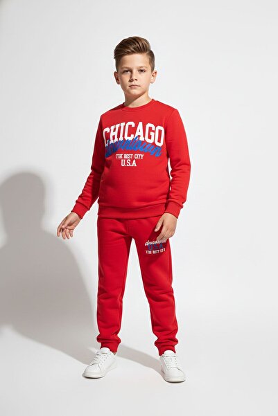 Cansın Mini Kırmızı Chicago Baskılı Bisiklet Yaka Erkek Çocuk 2li Eşofman Tak...