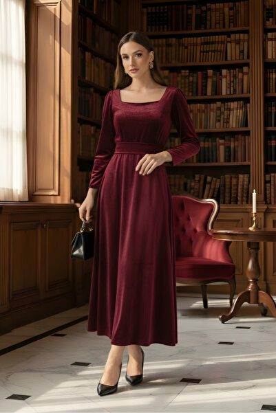 ISTANBUL STYLES Elegance Black Collar Velvet Mid-Length Classic Evening Dress