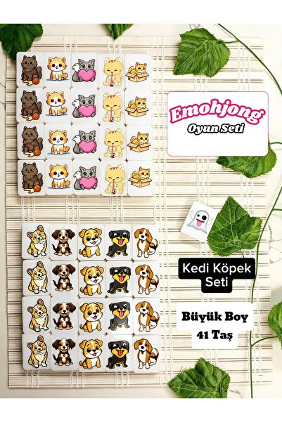 Emohjong Taş Eşleştirme Tiktok Fenomen Masa Oyunu Mahjong - Kedi Köpek Seti