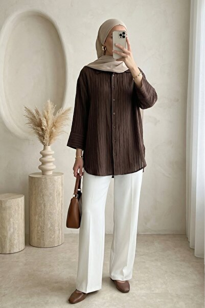 Modamorfo Stripe Pattern Oval Cut Crinkle Shirt - Brown