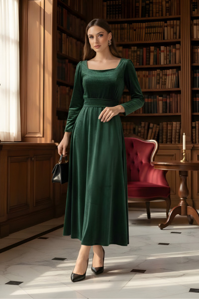 ISTANBUL STYLES Elegance Black Collar Velvet Mid-Length Classic Evening Dress