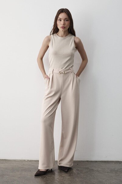 JASTE Kadın Likralı Toka Kemer Detaylı Lastikli Palazzo Pantolon