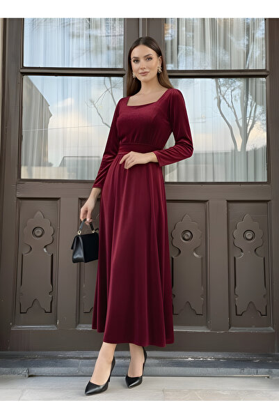 ISTANBUL STYLES Classic Square Collar Midiboy Velvet Dress - Burgundy