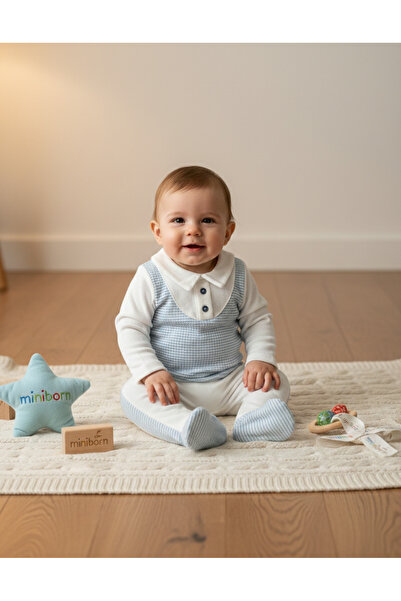 MİNİBORN Cotton Plaid Detailed Long Sleeve 2-Piece Baby Boy Set