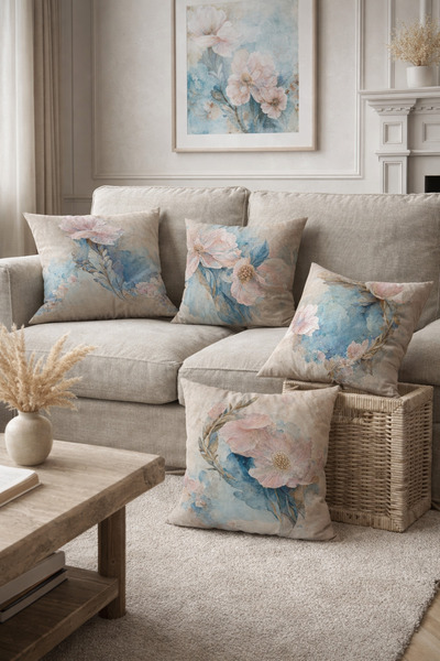 SasoHome Modern Yağlı Boya Tablo Desenli Pudra Çiçekler Desenli 4lü Dijital B...